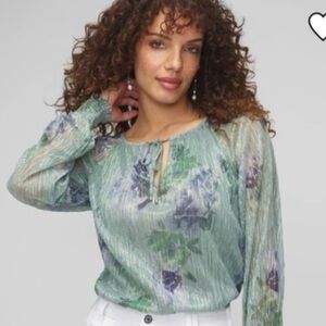White House Black Market Metallic Floral Long Sleeve Top Green Blue XL NWT